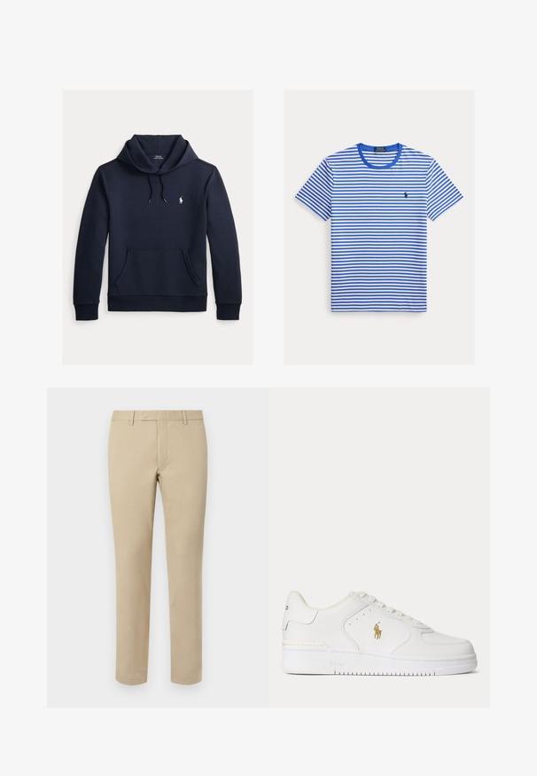 Mørk navyblå hættetrøje med front kangurulomme, snøre i hætten, lange ærmer og lille hvid Polo Ralph Lauren-logo på brystet.; Kortærmet t-shirt med blå og hvide vandrette striber, blå krave og lille Polo Ralph Lauren-logo på venstre bryst.; Beige bomuldsbukser med lige pasform, der har bæltesløjfer, glat front og skræddersyede søm. Glat tekstur og minimal detaljer.; Hvid lavtopet lædersneaker med hvide snørebånd og et gyldent Polo Ralph Lauren-logo på siden samt "Polo" præget på sålen.