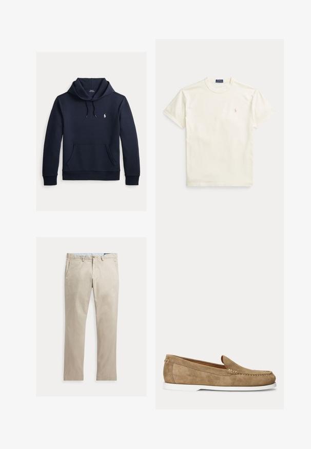 Mørk navyblå hættetrøje med front kangurulomme, snøre i hætten, lange ærmer og lille hvid Polo Ralph Lauren-logo på brystet.; Flødefarvet bomulds-T-shirt med korte ærmer. Har et diskret broderet logo på venstre bryst og rund hals.; Beige bomuldsbukser med lige ben, forlommer, bæltestropper, knaplukning og lynlås, lagt fladt på en hvid baggrund.; Lysebrun ruskind mokasinstil loafer med hvid sål og synlig syning langs tåen og siderne, vist i profil.