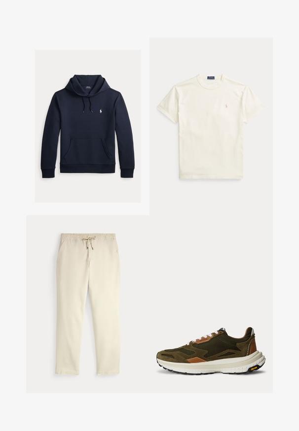 Tmavomodrá mikina s kapucňou so šnúrkou, predným klokanie vreckom, dlhými rukávmi a malým bielym logom Polo Ralph Lauren na hrudi.; Krémovo sfarbené bavlnené tričko s krátkymi rukávmi. Má jemne vyšívané logo na ľavej strane hrudníka a okrúhly výstrih.; Krémové voľné nohavice s elastickým pásom a šnúrkou, rovné nohy a bočné vrecká na jednofarebnom pozadí.; Nízky profil olivovo zelená a hnedá športová teniska s bielymi šnúrkami a hrubou bielou podrážkou Vibram, zobrazená zboku na bielom pozadí.