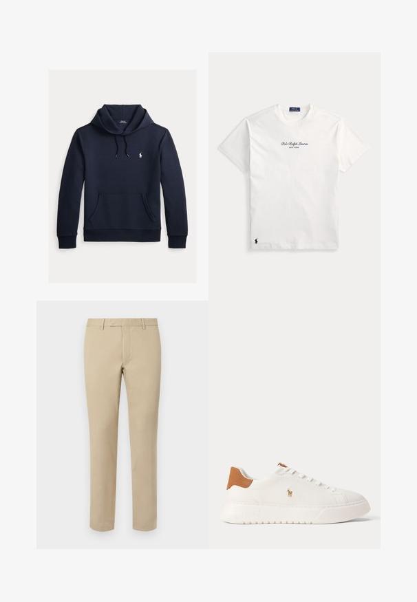 Tummansininen huppari, jossa on edessä kengurutasku, kiristysnauha hupussa, pitkät hihat ja pieni valkoinen Polo Ralph Lauren -logo rinnassa.; Valkoinen lyhythihainen Polo Ralph Lauren -t-paita, jossa rinnan kohdalta löytyy teksti "Polo Ralph Lauren New York" ja pieni musta logo alareunan lähellä.; Beige puuvillahousut suoraan leikkauksella, joissa on vyölenkit, tasainen etuosa ja räätälöidyt helmat. Silkka tekstuuria ja minimaalista yksityiskohtaa.; Valkoinen matalakärkinen tennari, jossa vaaleanruskea kantalenkki, valkoiset nauhat ja pieni kirjailtu polopelaajan logo sivussa paksun pohjan yläpuolella.