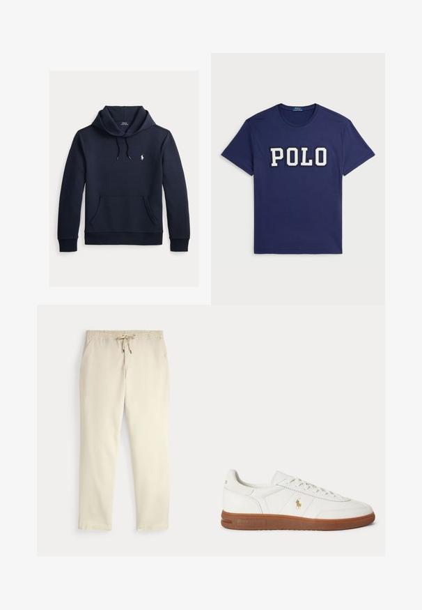 Sweat à capuche bleu marine foncé avec poche kangourou à l'avant, capuche à cordon, manches longues et petit logo blanc Polo Ralph Lauren sur la poitrine.; T-shirt bleu marine en coton, avec un grand graphique "POLO" en blanc, un col rond et des manches courtes.; Pantalon décontracté off-white avec taille élastique et cordon de serrage, jambes droites et poches latérales sur un fond uni.; Baskets basses blanches avec semelle marron, lacets à l'avant, et petit logo doré Polo Ralph Lauren sur le côté.