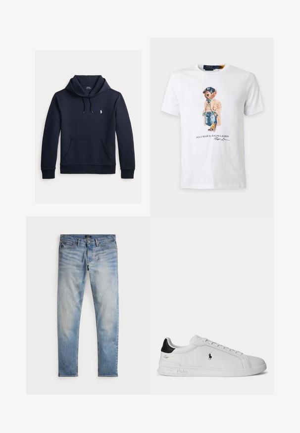Tmavomodrá mikina s kapucňou so šnúrkou, predným klokanie vreckom, dlhými rukávmi a malým bielym logom Polo Ralph Lauren na hrudi.; Biele tričko s medveďom, ktorý má na sebe béžový kabát, károvaný sveter, rifle, čižmy a námornícku modrú čiapku NY s textom ""Polo Bear by Ralph Lauren"".; Svetlomodré denimové nohavice s bledým povrchom, dizajnom na päť vreciek a kontrastným prešívaním. Obsahujú zips a pútka na opasok. Rovný strih.; Biela nízka teniska s čiernou pätovou pätkou, šnúrkami a logom Polo Ralph Lauren na boku, so zvýraznenými detailmi na podrážke.