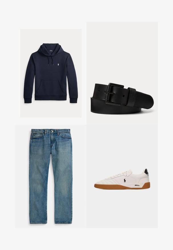 Tmavomodrá mikina s kapucňou so šnúrkou, predným klokanie vreckom, dlhými rukávmi a malým bielym logom Polo Ralph Lauren na hrudi.; Svetlomodré rifle z denimu s rovnými nohavicami, vybavené piatimi vreckami, zapínaním na gombík a jemne vyblednutým efektom pre textúru.; Biela nízka teniska s hnedou gumovou podrážkou, čiernym logom Polo Ralph Lauren na boku a textom „RL" na päte.; Čierny kožený opasok s čiernou obdĺžnikovou prackou a vyrazeným logom na slučke opaska, zvitý na jednoliatom svetlom pozadí.