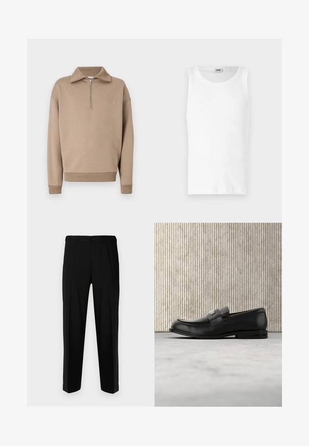 Sweatshirt beige avec un col montant et une demi-fermeture éclair. Fabriqué en tissu doux avec des poignets et un ourlet côtelés, arborant un petit logo sur la poitrine.; Débardeur en coton blanc sans manches avec un col rond et une texture lisse. Design simple, sans motifs ni accents.; Pantalon noir en tissu lisse, présentant une coupe droite, deux poches avant et une fermeture à glissière avec bouton.; Mocassin en cuir noir avec une plaque de marque en métal reposant près d'une table ronde marron sur un sol recouvert de moquette beige.