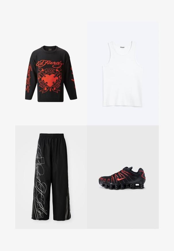Sort striktrøje med iøjnefaldende røde grafiske designs, herunder ordene "Kærlighed Dræber Langsomt" og et hjerte motiv. Rund hals og lange ærmer.; Hvid ærmeløs tanktop med rund halsudskæring og Weekday-mærke på den indvendige baghals, vist fladt på lys baggrund.; Svarte, vide, cropped bukser lavet af letvægtsstof. Har hvide broderede mønstre og accenter, der strømmer ned ad siderne. Elastisk talje.; Sorte atletiksko med røde detaljer, der har en struktureret mesh-overdel, et unikt bølget design og en formstøbt polstret sål.