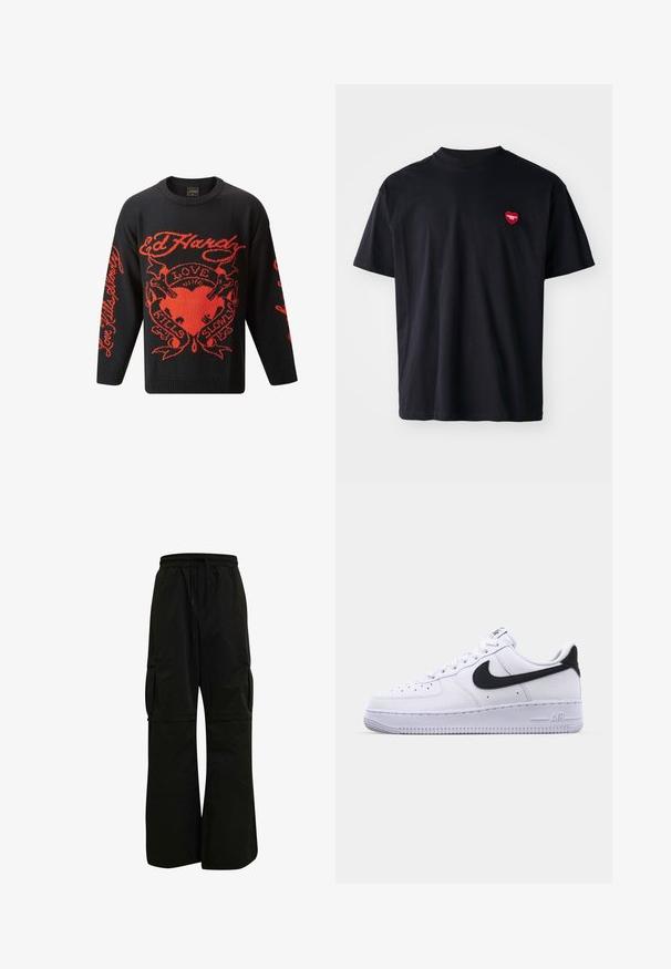 Suéter negro de punto con atrevidos diseños gráficos en rojo, que incluyen las palabras "Love Kills Slowly" y un motivo de corazón. Cuello redondo y manga larga.; Camiseta de algodón negra con cuello redondo y mangas cortas. Presenta un pequeño logo de corazón rojo en la parte izquierda del pecho.; Pantalones cargo negros con una cinturilla elástica, diseño de pierna ancha y grandes bolsillos laterales para utilidad y comodidad. Textura suave.; Zapatilla blanca de cuero con un Swoosh negro texturizado, cordones planos y una suela de goma con un patrón estriado. "AIR" está grabado en el talón.