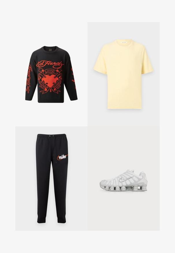 Sort striktrøje med iøjnefaldende røde grafiske designs, herunder ordene "Kærlighed Dræber Langsomt" og et hjerte motiv. Rund hals og lange ærmer.; Blød gul T-shirt med korte ærmer og rund hals med en afslappet pasform på en ensartet lys baggrund.; Sorte Nike joggingbukser med elastisk linning, snøre, manchetter ved anklerne og hvidt Nike-logo med orange swoosh på venstre lår.; Nike Sportswear SHOX TECH - Sneakers - white/white/photon dust/light smoke grey