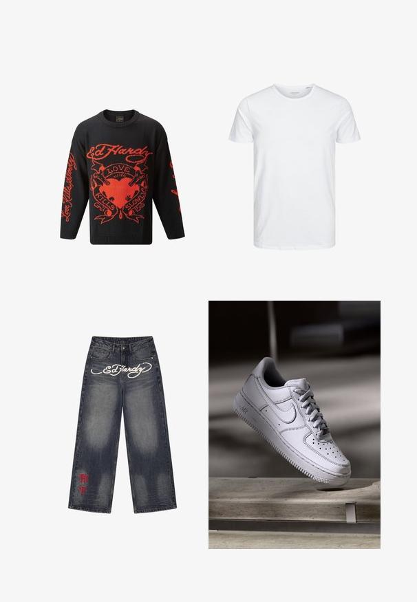 Sort striktrøje med iøjnefaldende røde grafiske designs, herunder ordene "Kærlighed Dræber Langsomt" og et hjerte motiv. Rund hals og lange ærmer.; Rundhals kortærmet t-shirt i ensfarvet hvid, lavet af blød bomuld, har et simpelt design uden synlige mønstre eller detaljer.; Bukser i mørk vaskede denim med vide ben, med hvid "Ed Hardy"-skrift på forsiden og røde asiatiske tegn nær venstre kant.; Hvid læder Nike Air Force 1 sneaker med perforeret tå, flade snørebånd og tekstureret gummisål med "AIR" branding på siden.