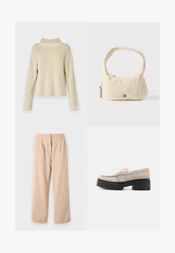 Suéter de punto color crema con cuello alto, que presenta un corte relajado y textura de canalé, mangas largas y una longitud corta.; Pantalones de pierna ancha color beige con pliegues, hechos de algodón, que presentan una textura suave y dobladillos de doble vuelta en el bajo.; Mocasín de ante beige con hebilla plateada y suela negra gruesa y gruesa, vista lateral sobre fondo blanco.; Bolso de color crema hecho de material suave y texturizado con una correa curva, forma redondeada, cierre de cremallera y acento con logo de marca.