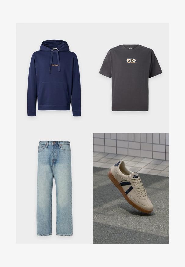 Ναυτικό μπλε hoodie από βαμβάκι με καγκουρό τσέπη, κουκούλα με κορδόνι και κεντημένο κείμενο στο στήθος. Απλός σχεδιασμός με ριμπ μανσέτες.; Σκούρο γκρι κοντομάνικο μπλουζάκι με το κείμενο "WILD SOUL" σε πολύχρωμο σχέδιο στο στήθος.; Ανοιχτό μπλε τζιν παντελόνι με κατευθείαν γραμμή, πέντε τσέπες και χάλκινα αξεσουάρ. Ελάχιστη φθορά με καθαρό φινίρισμα.; Μπεζ αθλητικά παπούτσια με υφή, ναυτικά ρίγες και καουτσούκ σόλα. Διαθέτουν επενδεδυμένη γλώσσα και παραδοσιακό σύστημα δεσίματος για σφιχτή εφαρμογή.