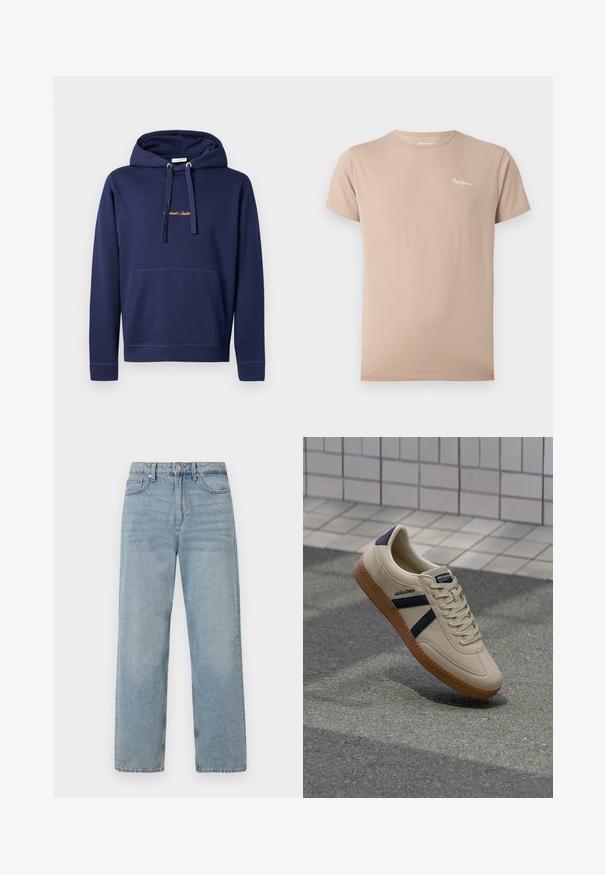 Haut à capuche bleu marine en coton avec poche kangourou, capuche avec cordon de serrage et texte brodé sur la poitrine. Design simple avec des poignets côtelés.; T-shirt beige manches courtes à col rond avec petit logo blanc « Pepe Jeans » sur la partie haute gauche de la poitrine.; Jean en denim bleu clair à taille haute, coupe droite, avec cinq poches et un léger délavage pour un effet usé.; Baskets beiges avec une finition texturée, bandes navy et semelle en caoutchouc. Équipées d'une languette rembourrée et d'un système de laçage traditionnel pour un maintien sécurisé.