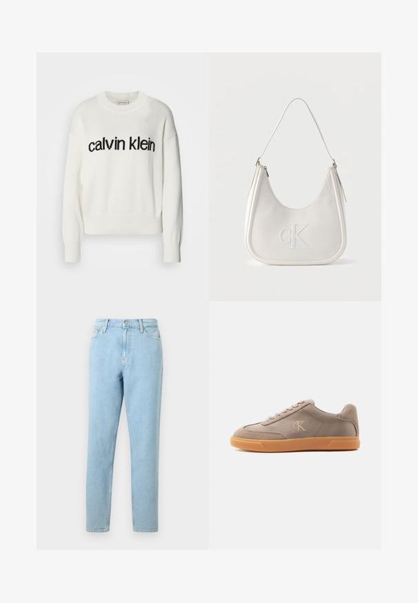 Hvid strikket sweater med rund halsudskæring og lange ærmer, med et sort "calvin klein" logo over brystet. Blød tekstur, cropped snit.; Lyseblå denimjeans med lige ben, femlommers design og knaplukning. Har subtilt slid og en glat tekstur.; Taupe lavtop sneaker med beige ruskinddetaljer, gummiydersål, snøreføring foran og præget "cK" logo på sidepanelet.; Hvid skuldertaske i læder med lynlås, buet form og forhøjet CK-logo prægget på forsiden.
