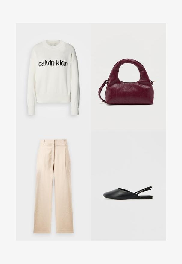 Pull en tricot blanc avec un col rond et des manches longues, présentant un logo "calvin klein" noir sur la poitrine. Texture douce, coupe courte.; Pantalon beige en tissu lisse. Présente une coupe droite, un devant plat et deux plis. Sans motifs visibles ni accessoires.; Chaussures slingback en cuir noir avec un bout pointu, un design incurvé et une sangle réglable à boucle. Texture lisse, semelle plate, détails minimaux.; Sac en cuir bordeaux avec une poignée ronde, motif en losanges embossé, bandoulière détachable et subtil accent en doré.