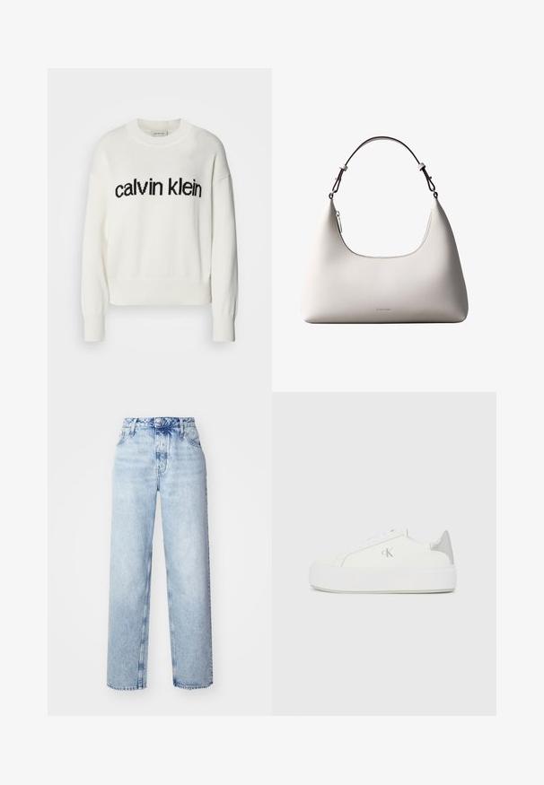 Pull en tricot blanc avec un col rond et des manches longues, présentant un logo "calvin klein" noir sur la poitrine. Texture douce, coupe courte.; Jeans taille haute bleu clair avec une coupe ample, mettant en avant des jambes droites, cinq poches et une fermeture classique à boutons et zip.; Baskets en toile blanches avec une semelle blanche épaisse, présentant un accent argent métallique au niveau du talon et un subtil logo sur le côté.; Sac à bandoulière en cuir couleur crème de Calvin Klein avec bord supérieur incurvé, fermeture éclair argentée et sangle ajustable brun foncé.