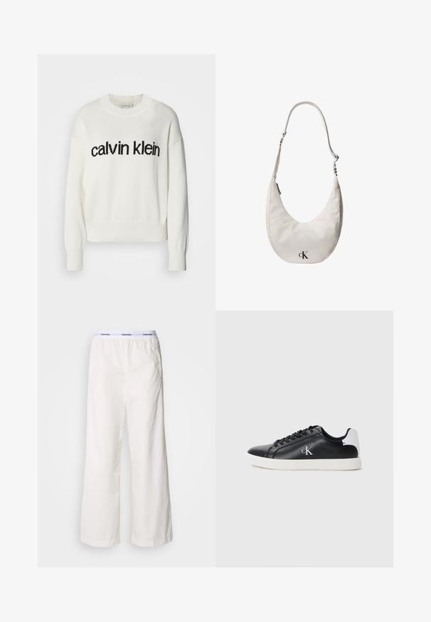Hvid strikket sweater med rund halsudskæring og lange ærmer, med et sort "calvin klein" logo over brystet. Blød tekstur, cropped snit.; Hvide brede bukser med elastisk talje og et kontrasterende Calvin Klein-logo. Fremstillet af glat stof, giver de en afslappet pasform.; Sorte syntetiske sneakers med en glat overflade, hvid hæl, rund tå og sorte snørebånd, der har et sølvfarvet "ck" logo på siden.; Hvid skuldertaske i læder formet som en halvmåne med justerbar rem, lynlåslukning og sort Calvin Klein-logo foran.