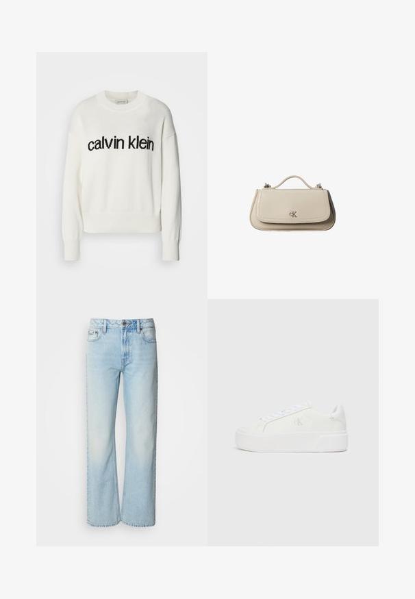 Pull en tricot blanc avec un col rond et des manches longues, présentant un logo "calvin klein" noir sur la poitrine. Texture douce, coupe courte.; Jeans à jambes larges bleu clair en denim, présentant un design classique à cinq poches et une texture légèrement décolorée. La couture en denim est visible.; Baskets plateformes blanches avec une tige en cuir lisse, bout arrondi, lacets blancs et un logo discret sur le côté. Semelle en caoutchouc plate.; Petit sac à main en cuir beige avec poignée supérieure et logo CK argenté sur le rabat avant, présenté sur fond blanc.
