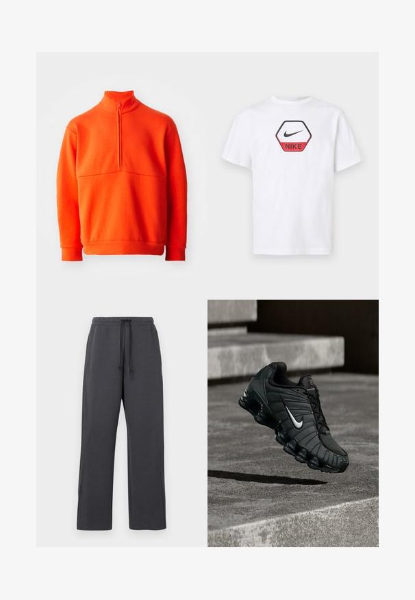Oranžový pulóver so zaobleným golierom a polovičným zipsom. Má pevný povrch, dlhé rukávy a rovný lem.; Biele tričko s krátkym rukávom značky Nike s červeno-čiernym šesťuholníkovým logom s emblémom Nike a názvom značky na prsiach.; Sivé teplákové nohavice s elastickým pásom a šnúrkou, vyrobené z mäkkej látky. Dizajn s širokými nohavicami a bočnými švami, s minimálnymi detailmi a bez viditeľných vzorov.; Športová obuv Nike v tmavo zelenej farbe, s hladkým syntetickým zvrškom, sieťovinou, čiernymi šnúrkami a lesklou podrážkou s vzduchovým odpružením.