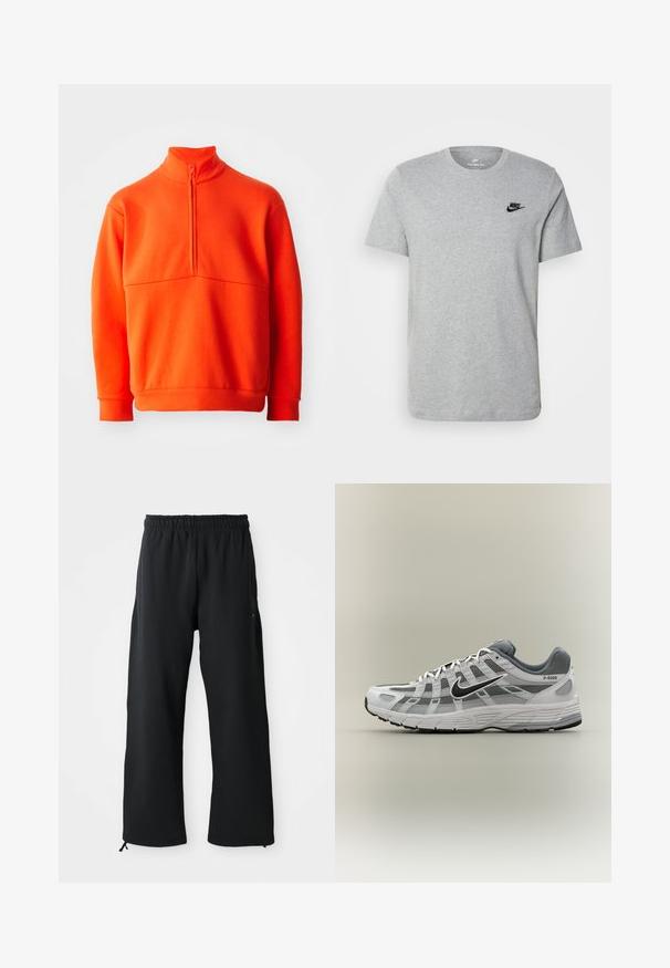 Oranžový pulóver so zaobleným golierom a polovičným zipsom. Má pevný povrch, dlhé rukávy a rovný lem.; Sivý krátky rukáv T-shirt vyrobený z bavlny, s čiernym logom Nike na hrudi a okrúhlym výstrihom. Minimalistický dizajn bez vzorov.; Čierne voľné nohavice vyrobené z jemnej látky, s elastickým pásom a šnúrkou, so bočnými vreckami a hladkou textúrou.; Biela a sivá teniska Nike P-6000 s čiernym logom, sieťovinovými panelmi a štruktúrovanou podrážkou, zobrazená v bočnom profile na neutrálnom pozadí.