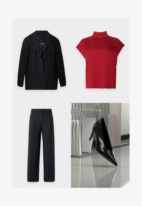 Blazer noir en tissu recyclé, avec un col cranté, une fermeture à un bouton et des manches longues. Surface texturée avec des particules de peluches visibles.; Haut rouge sans manches avec un col montant, confectionné dans un tissu lisse. Présente une coupe décontractée et un design minimaliste. Aucun motif ni accent.; Pantalon noir ajusté avec une coupe droite, présentant des plis avant, une texture lisse et des passants de ceinture. Pas de poches visibles.; Chaussure noire à talon haut avec bout pointu et logo doré, posée sur une surface réfléchissante près d'un organiseur de dossiers en fil chromé contenant des documents.