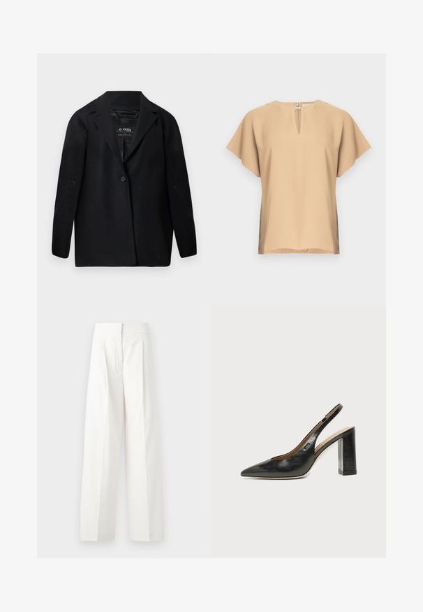Blazer noir en tissu recyclé, avec un col cranté, une fermeture à un bouton et des manches longues. Surface texturée avec des particules de peluches visibles.; Blouse beige avec un col en forme de goutte et des manches courtes et larges. Tissu lisse avec une coupe décontractée et un ourlet droit. Design minimaliste.; Pantalons larges blancs à taille haute, dotés de plis à l'avant et d'une texture lisse, fabriqués en tissu léger.; Chaussure slingback en cuir noir à bout pointu avec un talon bloc haut et une doublure intérieure beige sur un fond clair uni.