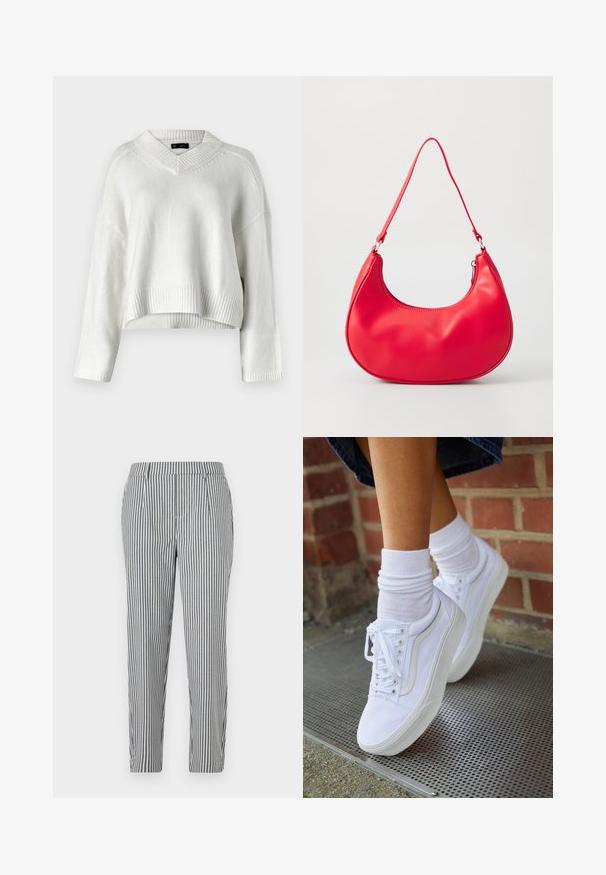 Suéter corto blanco con escote en V, dobladillo acanalado y mangas largas. Fabricado con un material de punto suave y texturizado. Diseño simple y versátil.; Pantalones a rayas en gris y blanco, con una forma ajustada, pliegues y un acabado de tela suave. Sin bolsillos visibles ni adornos.; Zapatillas de lona blancas con suelas de goma, que presentan seis ojales, puntera redonda y detalles de costura ligera, combinadas con calcetines blancos hasta el tobillo.; Bolso de hombro de piel sintética roja con forma curvada, correa delgada y cierre de cremallera. Textura suave con detalles de costura visibles.
