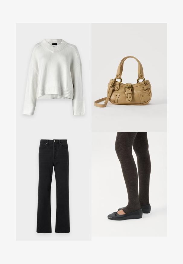Hvid cropped sweater med V-hals, ribbet kant og lange ærmer. Fremstillet af et blødt, tekstureret strikket materiale. Enkel og alsidig design.; Sorte denim jeans med en flareben-design, fem lommer, en frontknaplukning og subtile syninger. Blød tekstur med minimal slitage.; Ben iført mørke ribbede leggings kombineret med sorte balletsko med små sløjfedetaljer på hvid baggrund.; Beige læderhåndtaske med dobbelte håndtag, messing spænde og nitte detaljer samt en justerbar skulderrem mod en hvid baggrund.