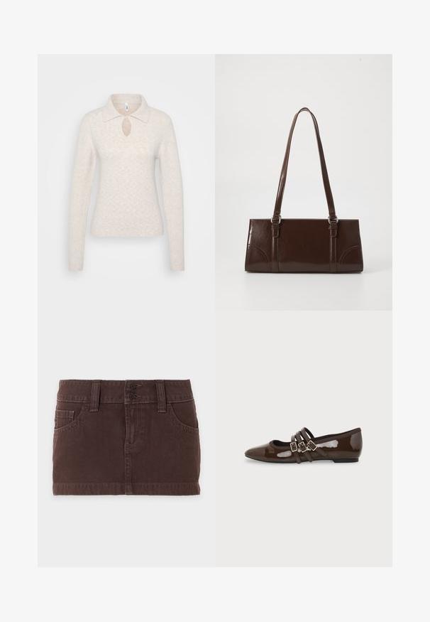 Pull en tricot beige clair avec un col, un détail en trou de serrure au niveau de la poitrine, et des manches longues avec des poignets côtes.; Mini-jupe en denim marron avec poches avant, passants de ceinture et double fermeture à boutons sur un fond clair uni.; Chaussure plate en cuir verni marron avec bout pointu et trois brides ajustables à boucle sur le côté, vue du profil extérieur.; Sac à main en cuir verni marron de forme rectangulaire, avec deux longues poignées et des accents courbés subtils à l'avant.