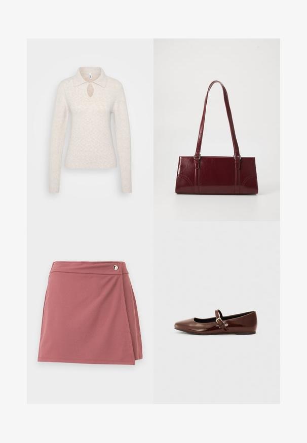 Pull en tricot beige clair avec un col, un détail en trou de serrure au niveau de la poitrine, et des manches longues avec des poignets côtes.; Jupe portefeuille courte en rose poussiéreux avec un petit bouton argenté près de la ceinture sur un fond clair uni.; Ballerine en cuir verni marron avec un bout carré et une lanière ornée d'une petite boucle dorée. Texture lisse, talon bas et design minimaliste.; Sac à main bordeaux en matériau brillant, de forme rectangulaire, avec deux anses et des accents légèrement courbés à l'avant.
