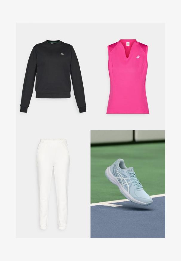Sort langærmet crewneck sweatshirt med et lille grønt og hvidt krokodillelogo på venstre bryst, ribbede manchetter og talje.; Ærmeløs sportstop i klar pink med V-hals. Fremstillet af glat, let stof med en diskret glans og logo-detalje.; Hvide tapered sweatpants med elastisk talje og manchetter, der har sidelommer, præsenteret på en ensfarvet baggrund.; Lyseblå sportssko med mesh-overdel, teksturerede detaljer og en polstret sål, svævende over en blå banesurface.