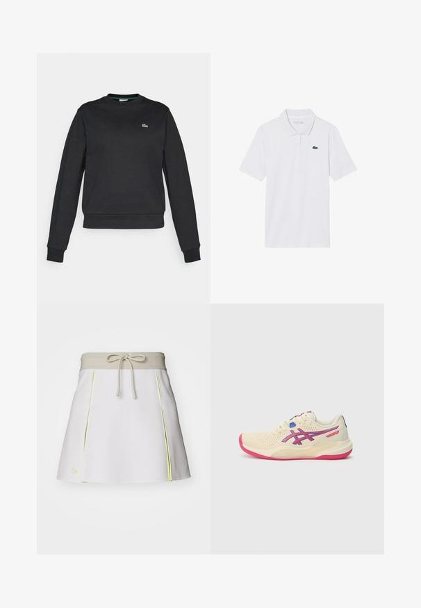 Sort langærmet crewneck sweatshirt med et lille grønt og hvidt krokodillelogo på venstre bryst, ribbede manchetter og talje.; Hvid polo t-shirt med korte ærmer, krave og knapstolpe, med en lille grøn krokodille-logo på venstre bryst.; Hvid skort med en beige elastisk talje og snøre. Har neongule sidelogoer og plisseringer. Lacoste-logoet er placeret nederst til venstre.; Cremefarvet sportsko med en lyserød sål, blå og lilla accenter, perforeret overdel og design med rund tå.