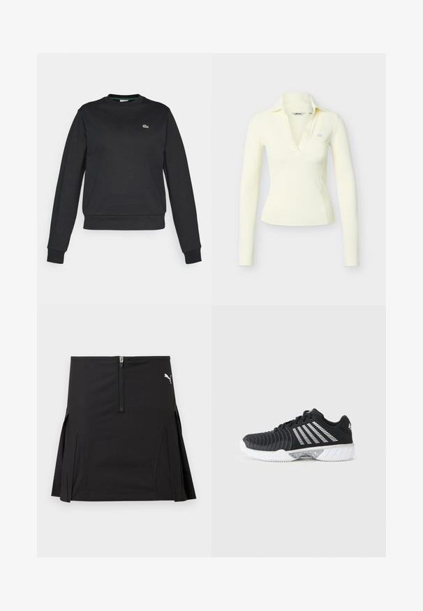 Sudadera negra de manga larga con cuello redondo, con un pequeño logo de cocodrilo verde y blanco en el lado izquierdo del pecho, puños y cintura acanalados.; Top ajustado de manga larga en color crema con cuello y escote en V profundo, que presenta un pequeño logotipo azul claro en el pecho izquierdo.; Falda deportiva negra con cremallera frontal y pliegues laterales, con un logo blanco de Puma en la parte superior derecha.; Zapatilla deportiva negra con suela blanca antideslizante, rayas blancas diagonales en el lateral, puntera texturizada y cierre de cordones sobre un fondo gris.