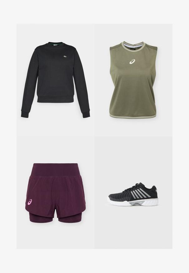Sort langærmet crewneck sweatshirt med et lille grønt og hvidt krokodillelogo på venstre bryst, ribbede manchetter og talje.; Ærmeløs olivengrøn sports-top med hvidt Asics-logo centreret på brystet, hvidstribet rund halsudskæring og kant.; Lilla dobbeltlags løbeshorts med bredt linning og lille lyserødt Asics-logo på venstre ben.; Sort atletiksko med hvid sål, diagonale hvide striber på siden, struktureret tåhætte og snørelukning på en grå baggrund.