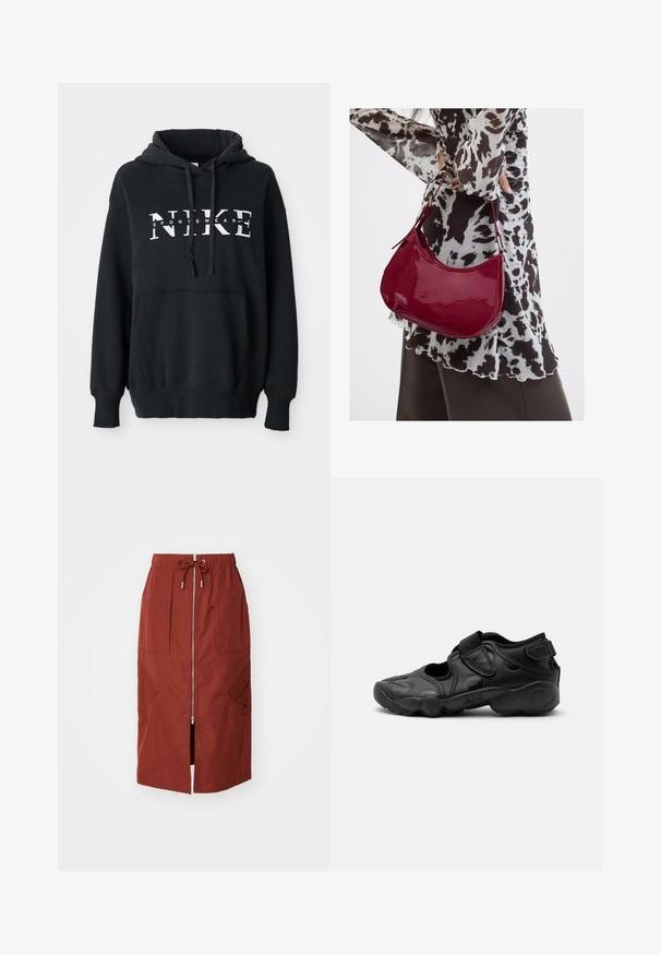 Schwarzer Nike-Hoodie mit einer vorderen Tasche, großem Logo über der Brust, Kordelzugkapuze und gerippten Bündchen und Saum. Weiches Baumwoll-Mischmaterial.; Midikleid in terrakottarot, mit einem Frontreißverschluss, elastischem Bund mit Kordelzug und seitlichen Taschen mit geometrischem Design.; Schwarze sportliche Sandale mit geschlossenem Zehenbereich, Klettverschlüssen am Mittelfuß und an der Ferse sowie einer dicken gepolsterten Sohle mit der Aufschrift „AIR“ an der Seite.; Frau trägt eine schwarz-weiß gemusterte Bluse und hält eine glänzende rote Schultertasche vor einem einfarbigen Hintergrund.