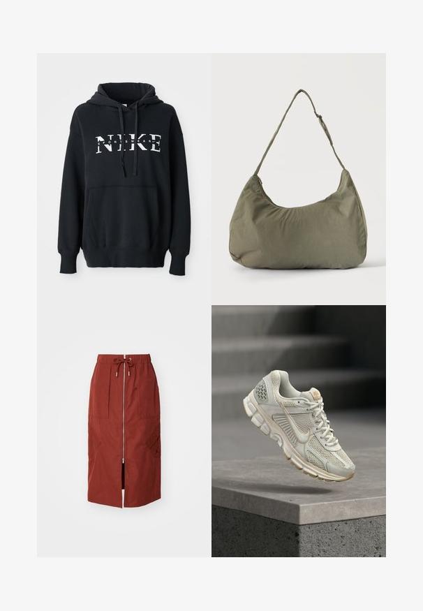 Čierna mikina Nike s prednou vreckom, veľkým logom na hrudi, kapucňou so sťahovacou šnúrkou a rebrovanými manžetami a lemom. Mäkkký materiál z bavlnenej zmesi.; Sukňa strednej dĺžky v terakotovo červenej farbe, s predným zipsom, elastickým pásom so šnúrkou a bočnými vreckami s geometrickým dizajnom.; Svetlo béžová bežecká topánka s sieťovaným zvrškom, mäkkým podšívkou, gumovou podrážkou a hnedými akcentmi. Má výrazné bočné logo v tvare šípky a textúrované panely.; Olivovo zelená mäkká látková taška cez rameno so zipsovým uzáverom a nastaviteľným popruhom na svetlom jednofarebnom pozadí.