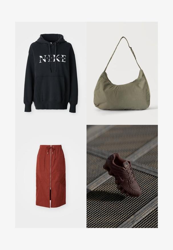 Schwarzer Nike-Hoodie mit einer vorderen Tasche, großem Logo über der Brust, Kordelzugkapuze und gerippten Bündchen und Saum. Weiches Baumwoll-Mischmaterial.; Midikleid in terrakottarot, mit einem Frontreißverschluss, elastischem Bund mit Kordelzug und seitlichen Taschen mit geometrischem Design.; Brauner Nike Sneaker mit strukturiertem Mesh-Obermaterial, markanter gebogener Sohle und gepolstertem Kragen, vor einem gemusterten Hintergrund präsentiert.; Olivgrüne weiche Stoff-Schultertasche mit Reißverschluss und verstellbarem Tragegurt vor einfarbig hellem Hintergrund.