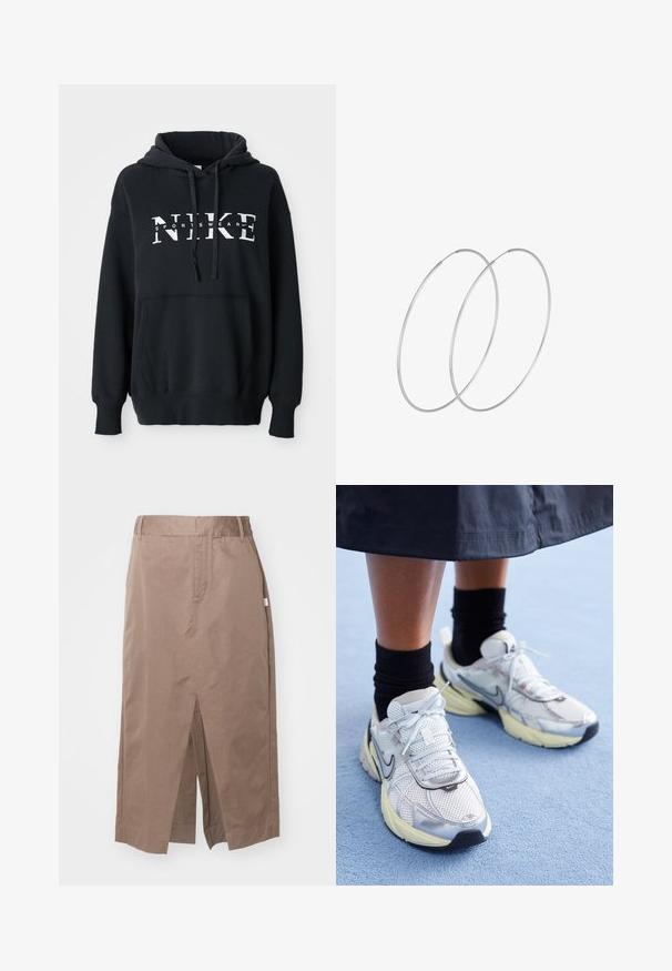 Sudadera negra de Nike con un bolsillo delantero, gran logo en el pecho, capucha con cordón y puños y dobladillo acanalados. Material suave de mezcla de algodón.; Falda de algodón marrón con un diseño recto, que presenta una abertura frontal, bolsillos laterales y una cintura estándar. Textura suave y costuras ajustadas.; Zapatillas Nike blancas y plateadas con tejido de malla, detalles reflectantes y una suela beige. Llevadas con calcetines negros, de pie sobre una superficie azul.; Pendientes de aro plateados con un diseño minimalista. Forma circular, textura suave y perfil delgado. Livianos con un acabado pulido.