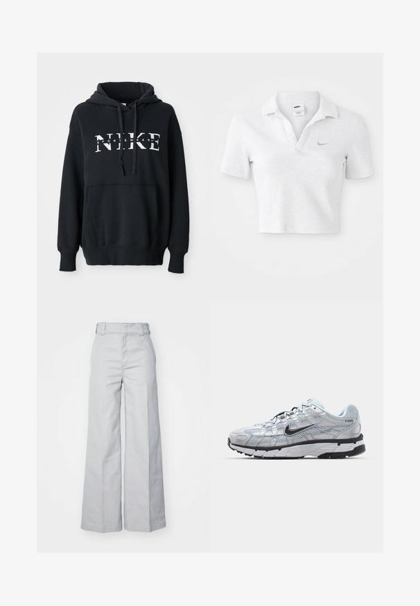Sudadera negra de Nike con un bolsillo delantero, gran logo en el pecho, capucha con cordón y puños y dobladillo acanalados. Material suave de mezcla de algodón.; Camiseta polo recortada en gris claro con una textura suave, que presenta un cuello clásico y un pequeño logo de Nike en gris oscuro en el pecho.; Pantalones de pierna ancha color gris claro, hechos de una mezcla de algodón, con cintura alta, cinturilla estructurada y costuras visibles.; Zapatillas Nike P-6000 con parte superior de malla gris claro, acentos negros y suela de goma negra duradera. Presentan un diseño intrincado y un sistema de cordones.