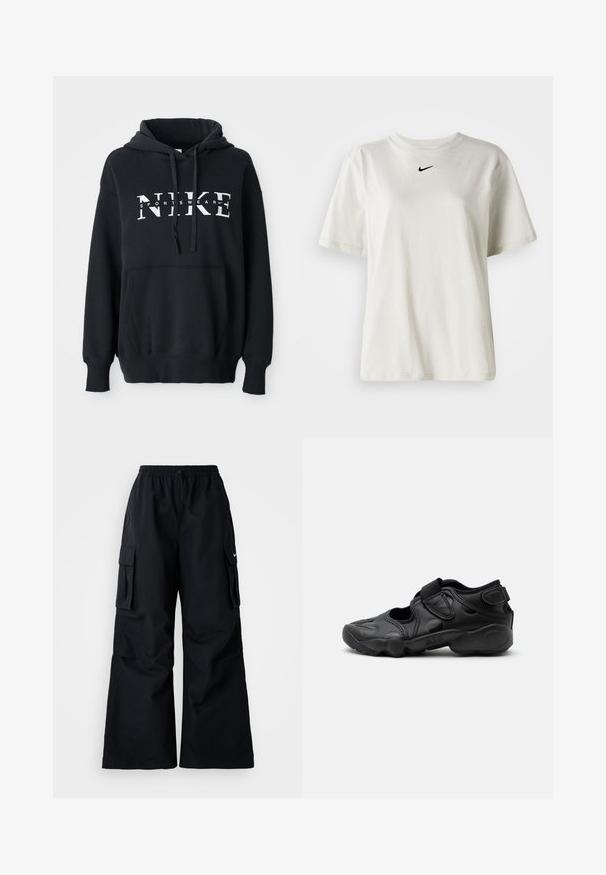 Sudadera negra de Nike con un bolsillo delantero, gran logo en el pecho, capucha con cordón y puños y dobladillo acanalados. Material suave de mezcla de algodón.; Camiseta de algodón blanca con cuello redondo y mangas cortas. Presenta un pequeño logotipo negro de Nike en el pecho. Diseño sencillo y sin adornos.; Pantalones cargo negros de pierna ancha, con cinturilla elástica, cordón ajustable y dos bolsillos laterales. Hechos de un tejido suave y ligero.; Sandalia deportiva negra con puntera cerrada, correas de velcro en la parte media del pie y el talón, y suela gruesa acolchada con la marca "AIR" en el lateral.