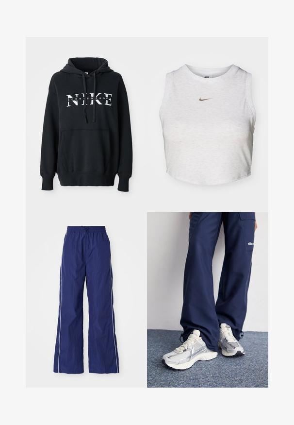 Schwarzer Nike-Hoodie mit einer vorderen Tasche, großem Logo über der Brust, Kordelzugkapuze und gerippten Bündchen und Saum. Weiches Baumwoll-Mischmaterial.; Weißes Crop-Top aus weichem, strukturiertem Stoff. Verfügt über einen runden Ausschnitt und einen ärmellosen Schnitt mit einem kleinen goldenen Nike-Logo auf der Vorderseite.; Marineblaue, leichte, weit geschnittene Hose mit elastischem Bund und Kordelzug, mit weißen seitlichen Streifen und einer zerknitterten Textur.; Nike Sportschuhe mit einem silbernen Mesh-Obermaterial, weißen Akzenten und strukturierten Sohlen, kombiniert mit locker sitzenden marineblauen Hosen.
