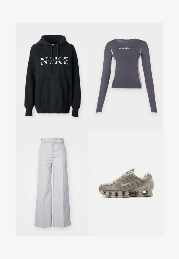 Schwarzer Nike-Hoodie mit einer vorderen Tasche, großem Logo über der Brust, Kordelzugkapuze und gerippten Bündchen und Saum. Weiches Baumwoll-Mischmaterial.; Dunkelgraues, langärmliges, eng anliegendes Sportoberteil mit hellgrauen Seitenpaneelen und weißem "Nike Shox"-Logo auf der Brust.; Helle graue weit geschnittene Hose aus Baumwollmischung, mit hoher Taille, strukturiertem Bund und sichtbaren Nähten.; Hellbeiger Nike Shox Sneaker mit sichtbarer säulenförmiger Dämpfungssohle und Mesh-Obermaterial.
