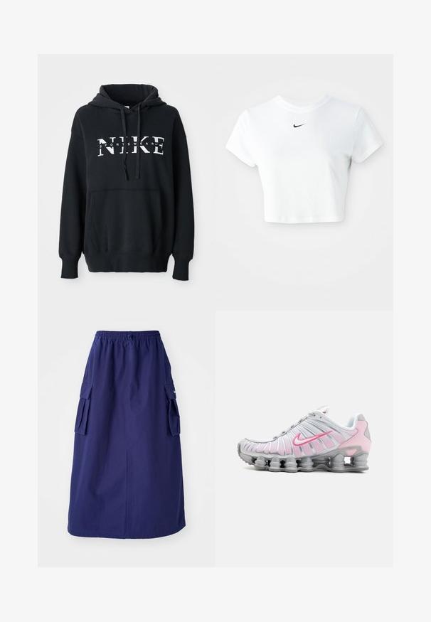 Must musta Nike, millel on eesmine tasku, suur logo rinnal, nööriga kapuuts ja soonikkoesääred ning -äär. Pehme puuvilla segumaterjal.; Valge lühikeste varrukatega puuvillane lühike t-särk ümarate kaelustega, millel on rinna peal must Nike logo.; Tumedat sinine, keskpikk seelik elastse vöökohtaga, millel on kaks külgmist cargo-taskut ja minimaalne logo detail. Sile kangastekstuud.; Nike spordijalatsid valges ja helesinises. Omaduseks on võrgust ülemine osa ja iseloomulik kõver põhi nähtava õhukottidega.