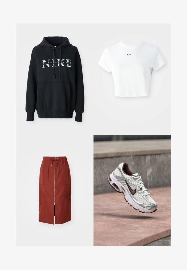 Sudadera negra de Nike con un bolsillo delantero, gran logo en el pecho, capucha con cordón y puños y dobladillo acanalados. Material suave de mezcla de algodón.; Camiseta corta blanca de algodón, con mangas cortas y cuello redondo, y un logo negro de Nike en el pecho.; Falda de longitud media en rojo terracota, con cremallera frontal, cinturilla elástica con cordón ajustable y bolsillos laterales con un diseño geométrico.; Zapatilla de running Nike blanca y plateada con el logo negro de swoosh suspendida sobre una superficie de hormigón al aire libre.