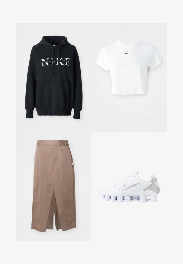 Čierna mikina Nike s prednou vreckom, veľkým logom na hrudi, kapucňou so sťahovacou šnúrkou a rebrovanými manžetami a lemom. Mäkkký materiál z bavlnenej zmesi.; Biely skrátený tričko vyrobené z bavlny, s krátkymi rukávmi a okrúhlym výstrihom, s čiernym logom Nike na hrudi.; Hnedá bavlnená sukňa so rovný dizajnom, s predným rozparkom, bočnými vreckami a štandardným pásom. Hladká textúra a prispôsobené švy.; Biele športové topánky s jemnou sieťovinou na hornej časti, striebornými detailmi a jedinečným dizajnom podpätka v tvare cievky. Majú polstrovaný golier a šnurovanie pre lepšie udržanie na nohe.