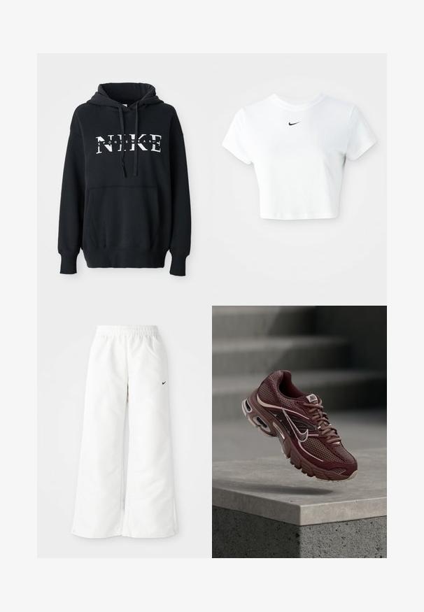 Čierna mikina Nike s prednou vreckom, veľkým logom na hrudi, kapucňou so sťahovacou šnúrkou a rebrovanými manžetami a lemom. Mäkkký materiál z bavlnenej zmesi.; Biely skrátený tričko vyrobené z bavlny, s krátkymi rukávmi a okrúhlym výstrihom, s čiernym logom Nike na hrudi.; Biele športové nohavice so širokým strihom, elastickým pásom a malým čiernym logom Nike na ľavej strane. Hladký, ľahký materiál.; Nákupná obuv Nike v marónovej farbe s plátnovou sieťovinou, polstrovaným golierom, hrubou podrážkou a bielymi akcentmi. Dizajn obsahuje zaoblenú špičku a výrazné šnúrky.