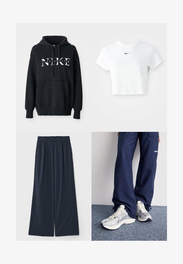 Zwarte Nike hoodie met een voorzak, groot logo over de borst, capuchon met trekkoord en ribgebreide manchetten en zoom. Zacht katoenmixmateriaal.; Witte cropped T-shirt van katoen, met korte mouwen en een ronde halslijn, voorzien van een zwart Nike-logo op de borst.; Donkerblauwe wijde broek van zacht materiaal; heeft een elastische tailleband en twee zijzakken voor extra gemak.; Nike hardloopschoenen met een zilveren mesh bovenkant, witte accenten en structuurzolen, gecombineerd met luchtige navy broeken.
