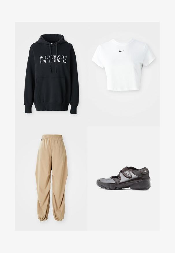 Sudadera negra de Nike con un bolsillo delantero, gran logo en el pecho, capucha con cordón y puños y dobladillo acanalados. Material suave de mezcla de algodón.; Camiseta corta blanca de algodón, con mangas cortas y cuello redondo, y un logo negro de Nike en el pecho.; Pantalones ligeros beige con cintura elástica, puños ajustados y una textura suave, con un ajuste relajado y sin patrones ni adornos visibles.; Zapato deportivo de color marrón oscuro con acabado brillante, correa de velcro, punta redondeada y suela texturizada que presenta elementos de diseño acolchados.