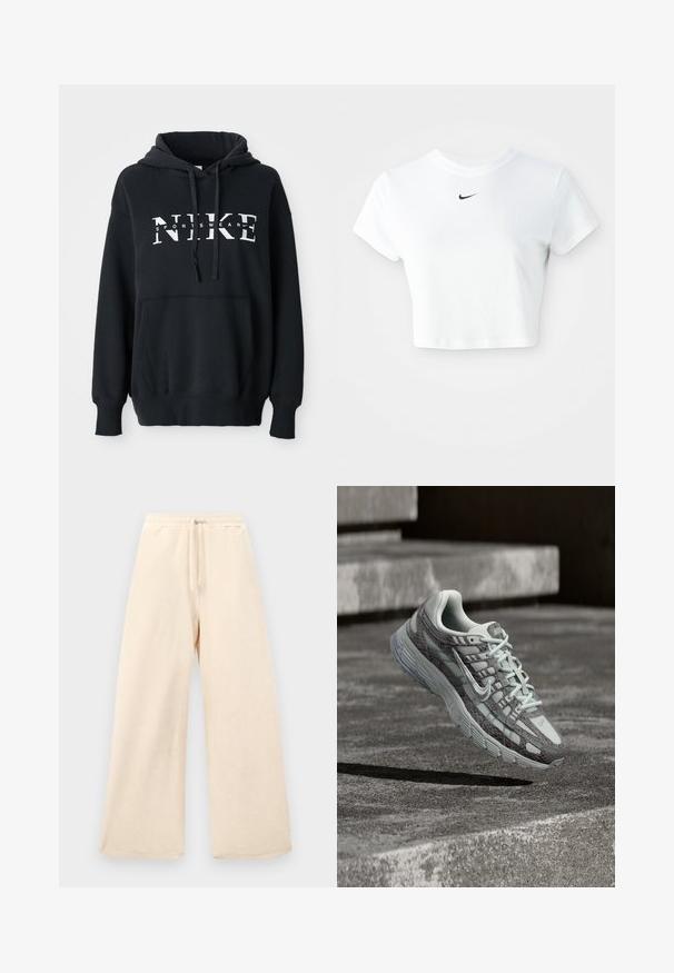 Musta Nike huppari, jossa on etutasku, suuri logo rinnassa, naruhuppu ja ribattu hihansuut sekä helma. Pehmeää puuvillasekoitemateriaalia.; Valkoinen lyhythihainen puuvillapaita, jossa on pyöreä kaula-aukko ja musta Nike-logo rinnassa.; Yksinkertaiset, vaaleanbeiget leveälahkeiset housut, jotka on valmistettu teksturoidusta kankaasta. Niissä on joustava vyötärö, jossa on kiristysnauha. Simppeli, koristelematon muotoilu.; Harmaa ja valkoinen Nike-juoksukenkä, jossa on teksturoitu kuvio, nauhakiinnitys edessä ja paksu pohja, leijuu betonisen portaan yläpuolella ulkona.