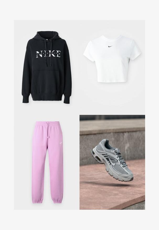 Sweat à capuche Nike noir avec une poche avant, grand logo sur la poitrine, cordon de serrage à la capuche et poignets et ourlet côtelés. Matériau en mélange de coton doux.; T-shirt blanc court en coton, avec des manches courtes et un col rond, orné d'un logo Nike noir sur la poitrine.; Pantalon de survêtement Nike violet clair avec taille élastique, cordon de serrage ajustable, poignets élastiques et logo Nike swoosh blanc sur la cuisse gauche.; Chaussure de course Nike gris clair et blanc avec un design en mesh, flottant au-dessus d'une surface en pierre à l'extérieur.