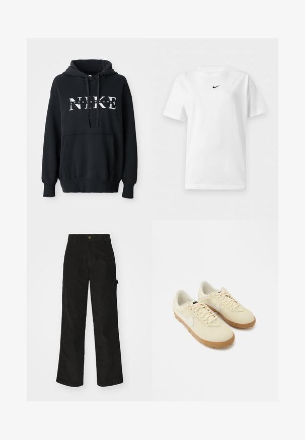 Must musta Nike, millel on eesmine tasku, suur logo rinnal, nööriga kapuuts ja soonikkoesääred ning -äär. Pehme puuvilla segumaterjal.; Valge lühikeste varrukatega ümarakaelusega T-särk, millel on väike must Nike Swoosh logo krae lähedal keskel.; Mustadest korduroopükstest sirge säärega mudel, millel on nööbi sulgemine ja külgtaskud. Sile tekstuur peenete vertikaalsete triipudega.; Valged beežid Nike tossud, millel on sile nahast pealmine osa, paelaga kinnituv ja kummist jope. Omaduseks on kontrastse valge Swooshi logo.