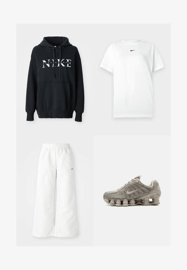 Schwarzer Nike-Hoodie mit einer vorderen Tasche, großem Logo über der Brust, Kordelzugkapuze und gerippten Bündchen und Saum. Weiches Baumwoll-Mischmaterial.; Weißes T-Shirt mit kurzen Ärmeln und Rundhalsausschnitt, mit kleinem schwarzen Nike-Swoosh-Logo, das zentriert unter dem Halsausschnitt platziert ist.; Weiße Sporthose mit weitem Bein, elastischem Bund und kleinem schwarzen Nike-Logo auf der linken Seite. Glattes, leichtes Material.; Hellbeiger Nike Shox Sneaker mit sichtbarer säulenförmiger Dämpfungssohle und Mesh-Obermaterial.